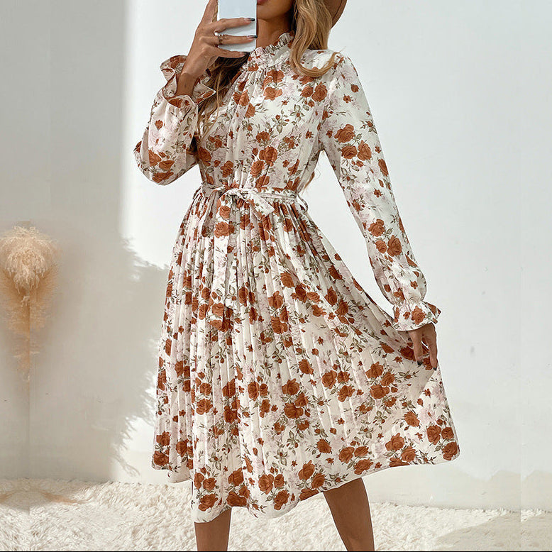 Floral Pleated Long Sleeve Dress with Belt