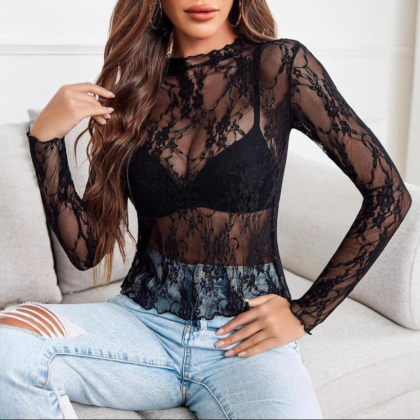 Sheer Lace Long Sleeve Top with Bralette