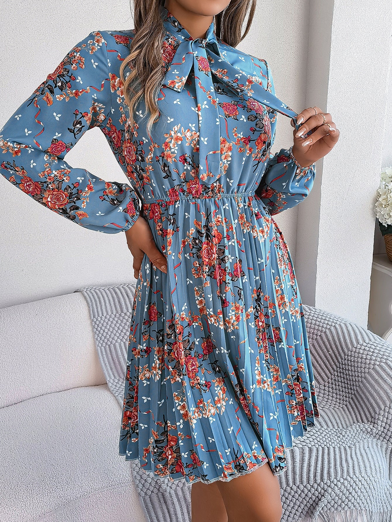 Floral Tie Waist Pleated Long Sleeve Dress