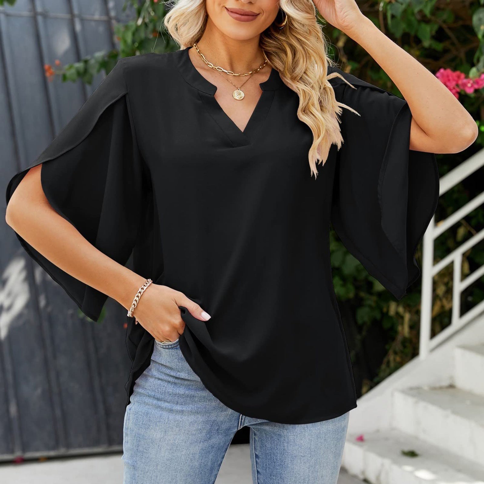 Women's Loose V-Neck Chiffon Blouse Solid Casual Top
