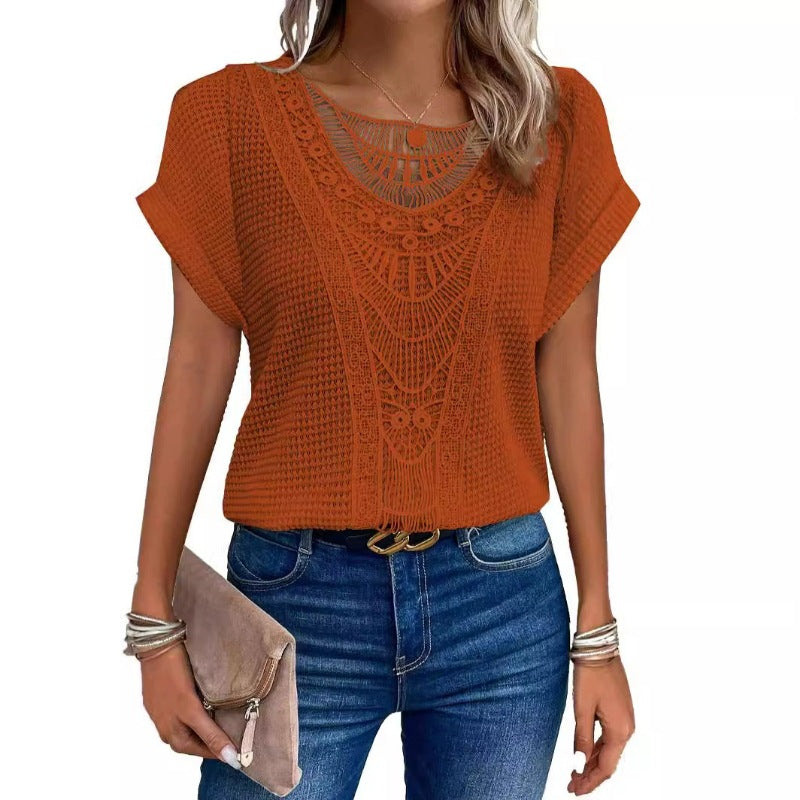 Floral Lace Trim V-neck Short Sleeve Blouse