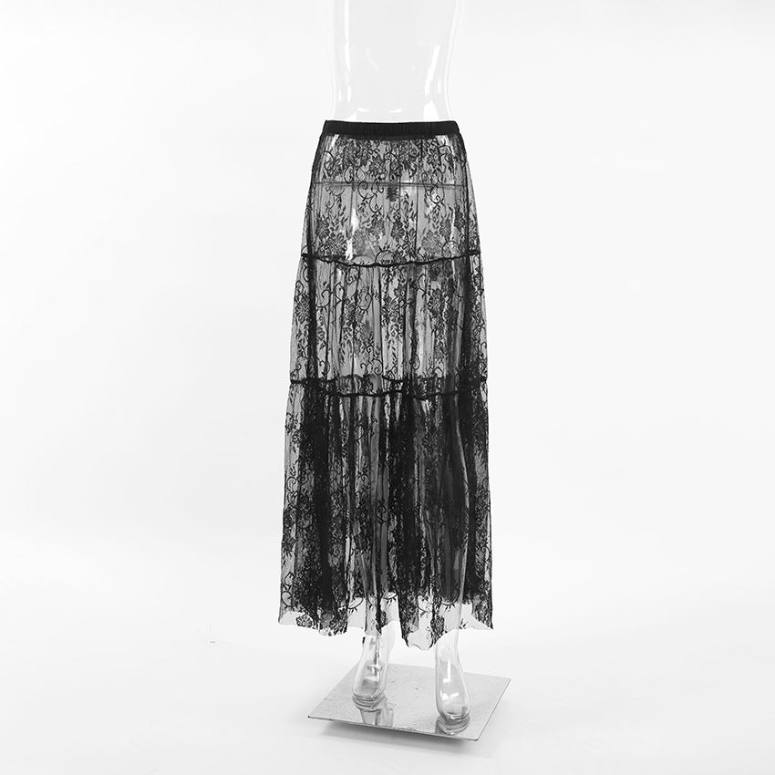 High Waist Lace Sheer Pleated Midi Skirt