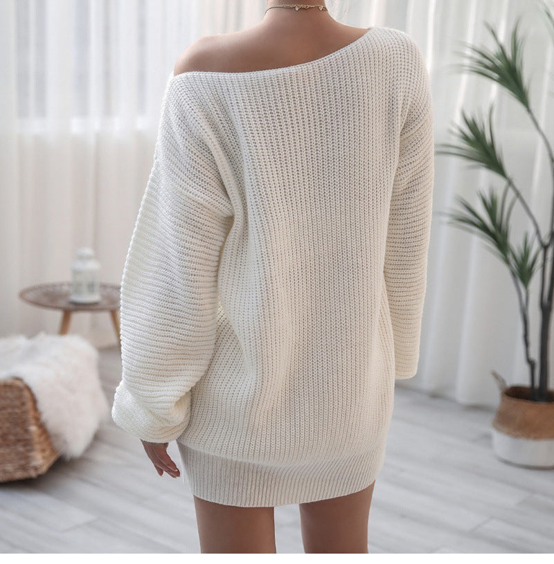 Off Shoulder Lantern Sleeve Knit Sweater Dress