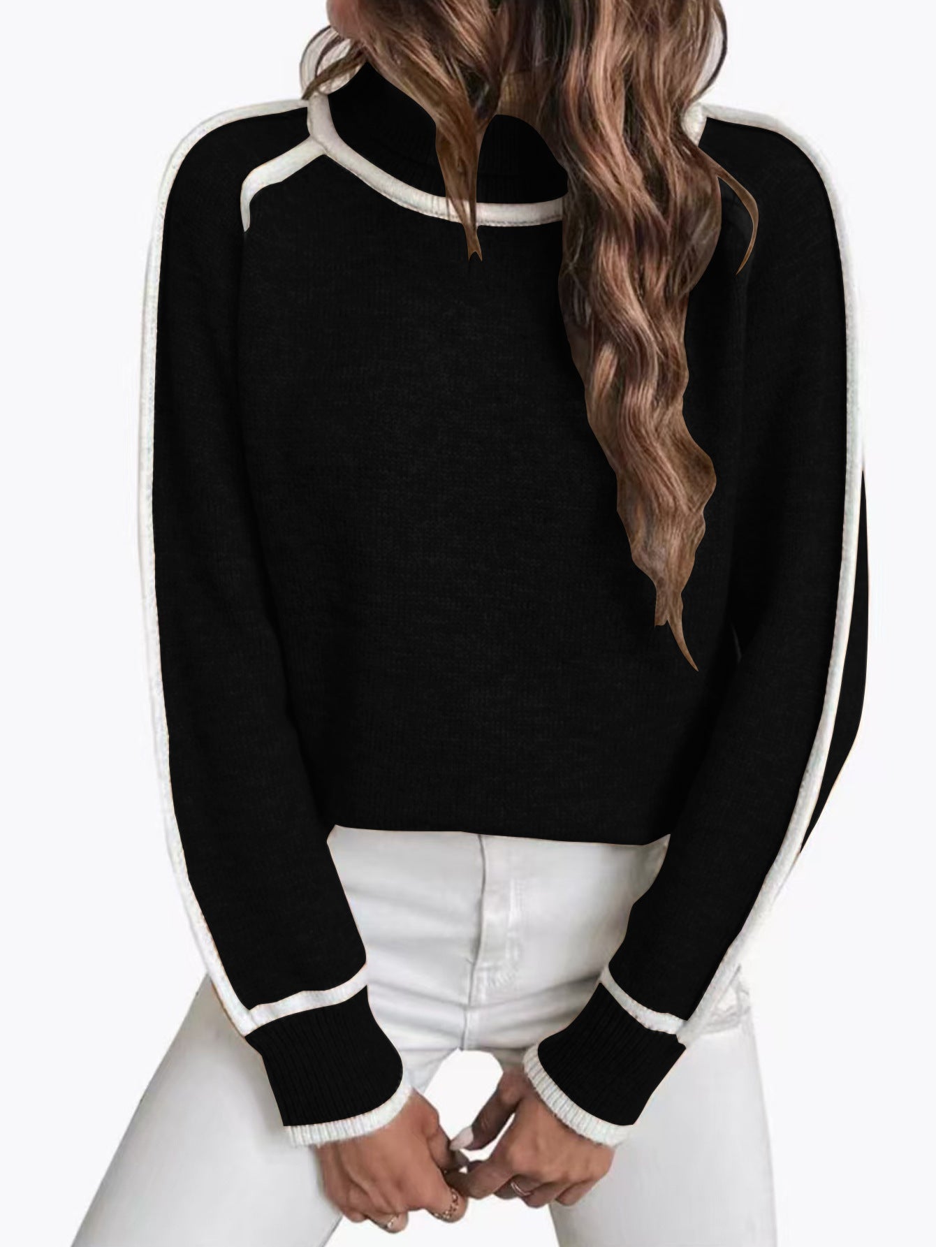Loose Fit High Neck Long Sleeve Knit Sweater for Women