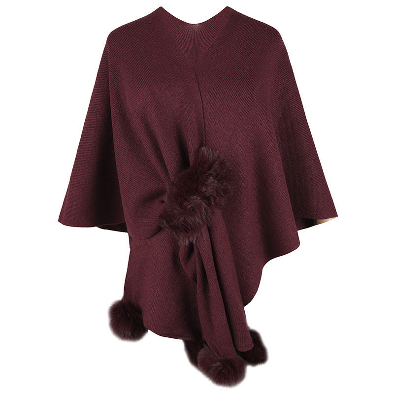 Pom Pom Knit Cape Sweater Shawl Cardigan for Women