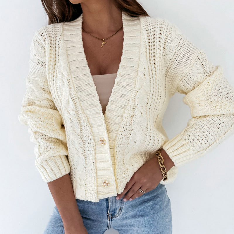 V-Neck Cable Knit Button Cardigan