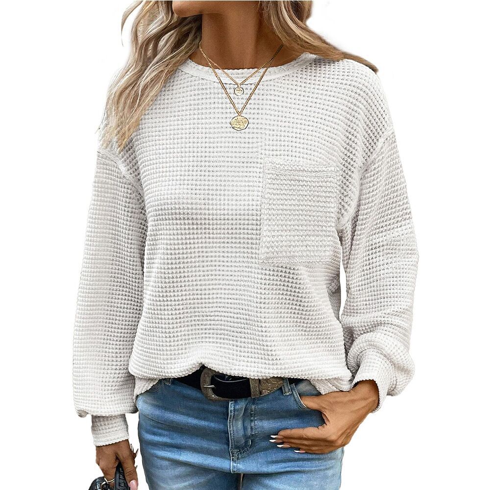 Waffle Knit Long Sleeve Top with Pocket