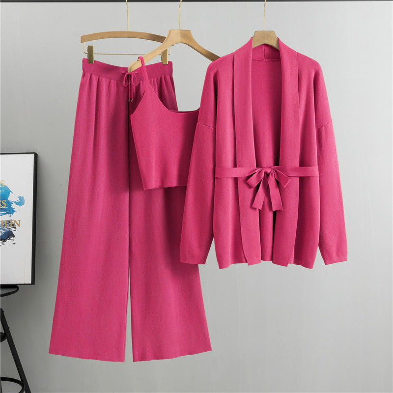Knit Cardigan Camisole and Wide-Leg Pants Set