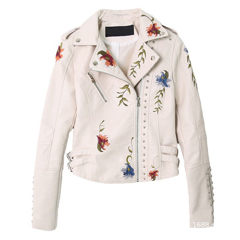 Embroidered Studded PU Leather Cropped Jacket