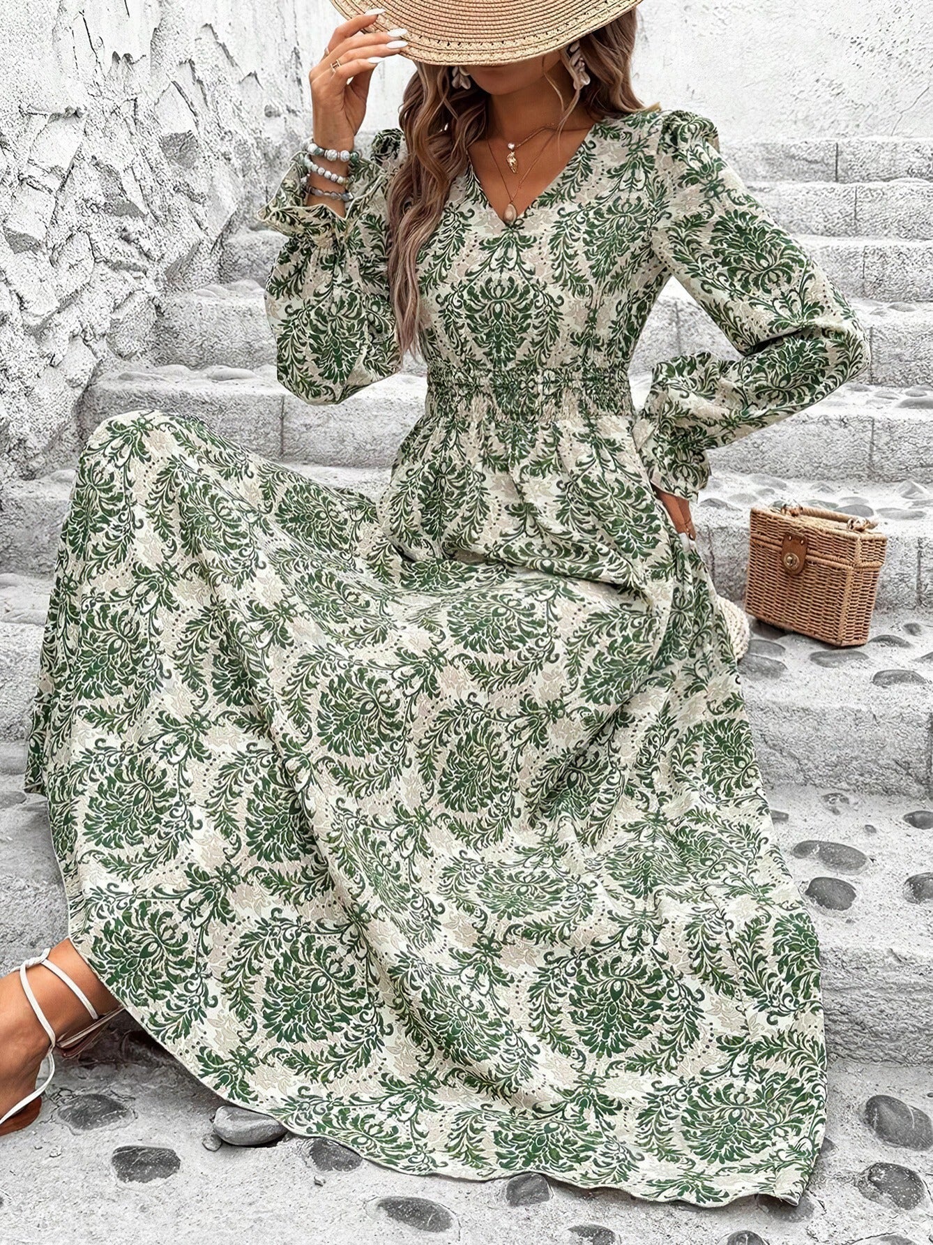 Floral Print V-Neck Long Sleeve Dress