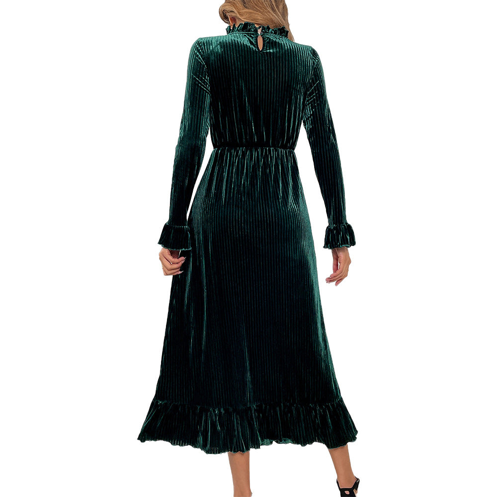 Velvet Long Sleeve Ruffled Midi Dress