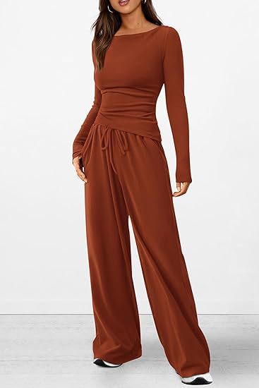 Asymmetric Long Sleeve Top and Wide Leg Pants Set