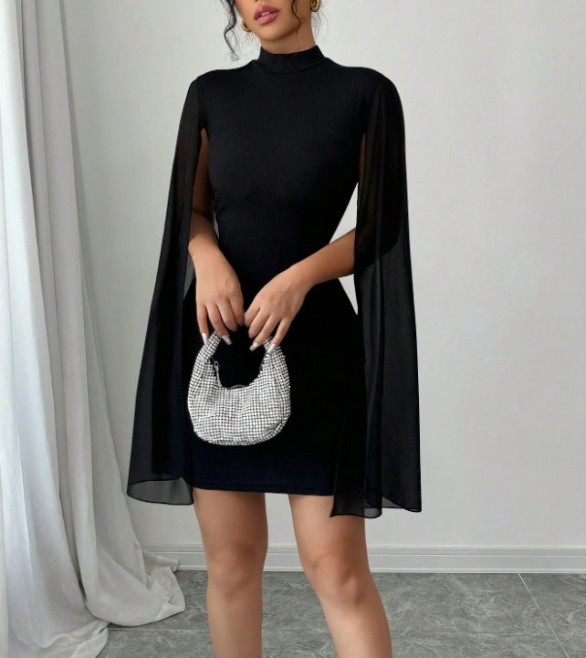 Round Neck Ribbed Chiffon Cape Bodycon Dress