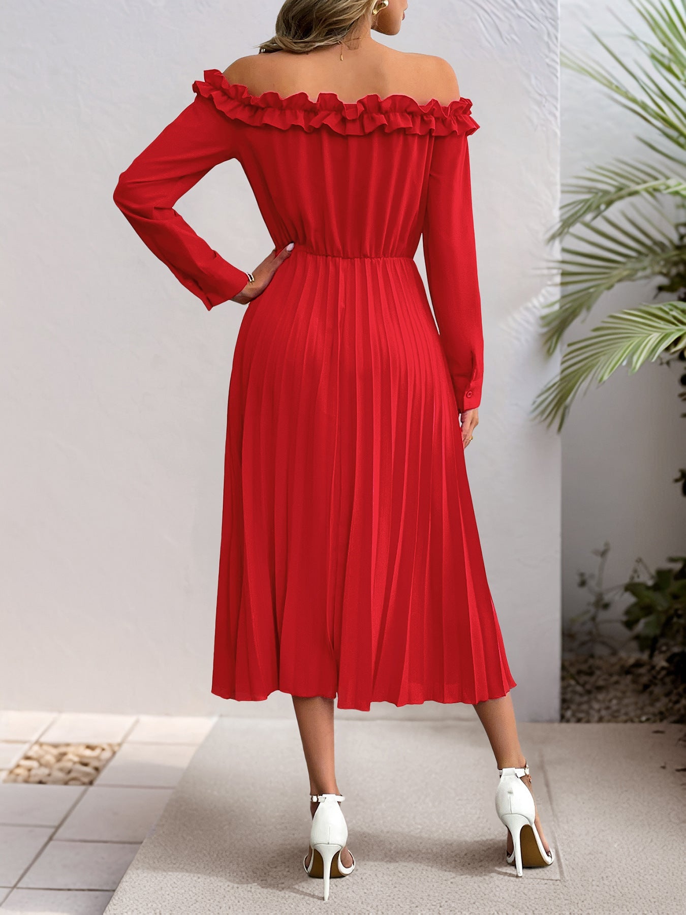 Off Shoulder Long Sleeve Solid Color Dress