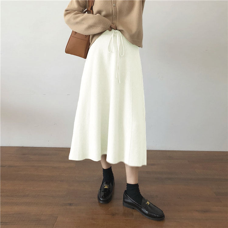 High-Waist Pleated Knit A-Line Skirt
