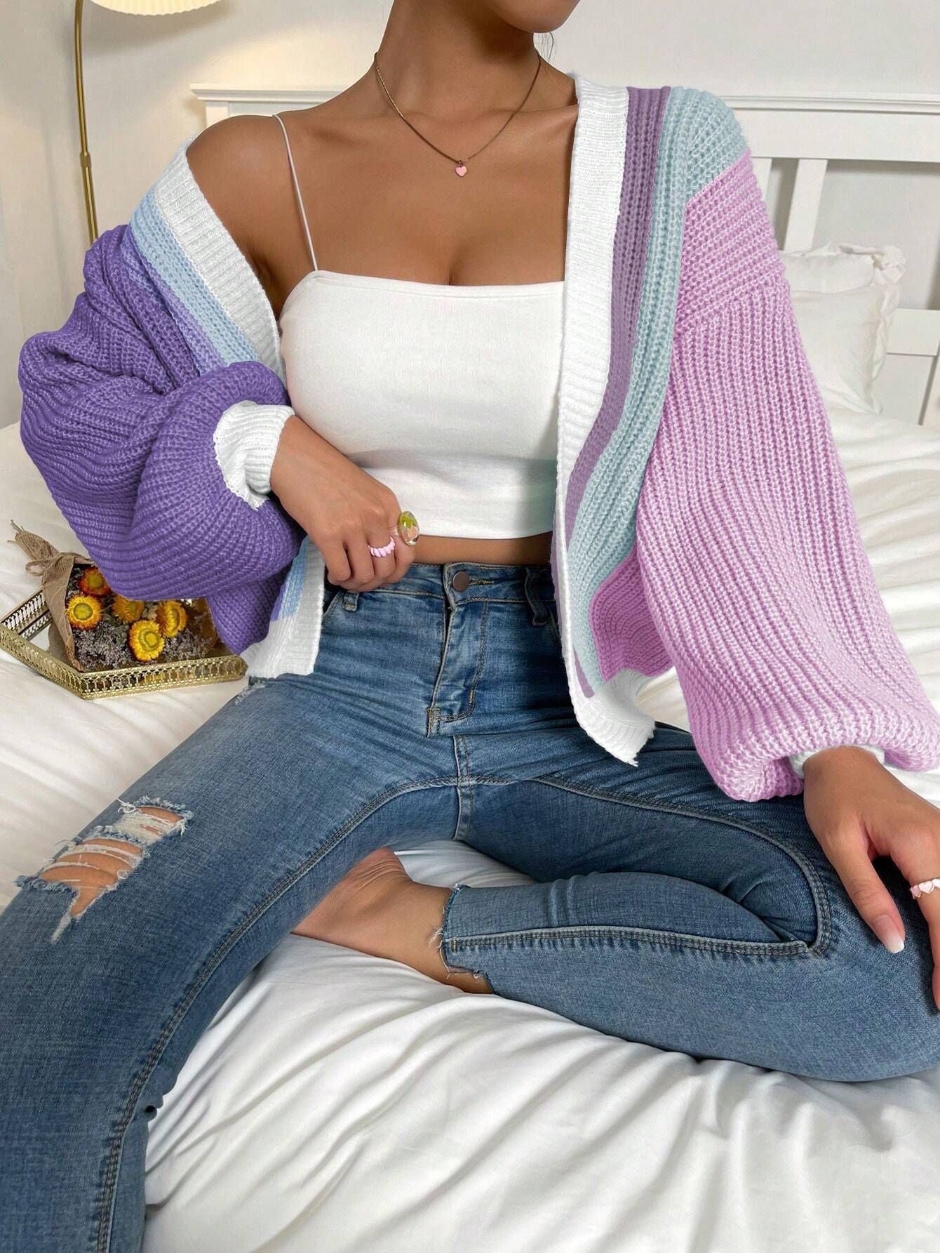 Women Color Block Knit Cardigan