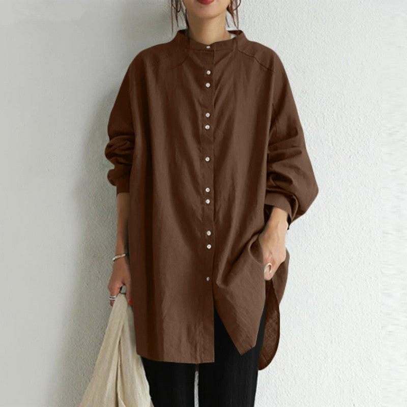 Vintage Mandarin Collar Linen Button Shirt