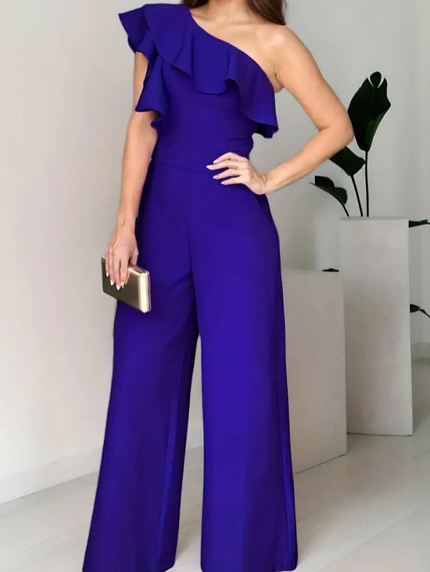 One-Shoulder Ruffle Wide-Leg Jumpsuit