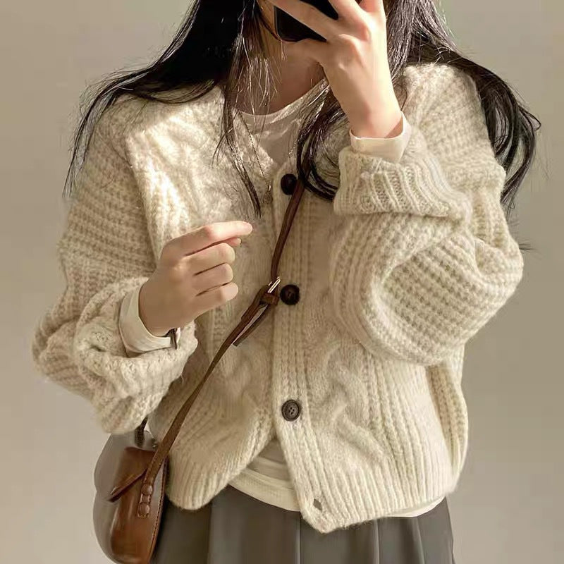 Relaxed V-Neck Puff Sleeve Knit Cardigan
