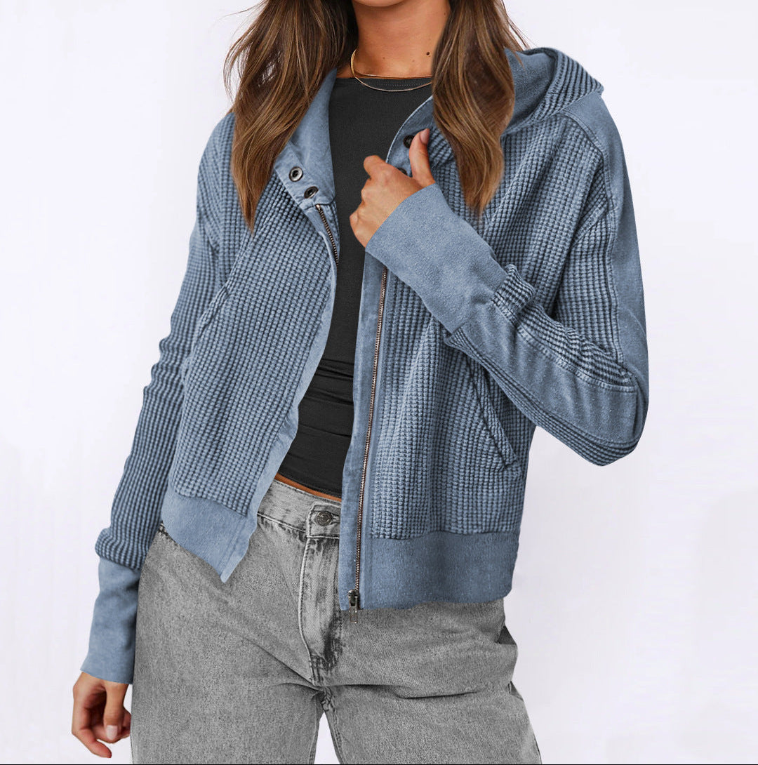 Zip Up Hooded Patchwork Knit Jacket