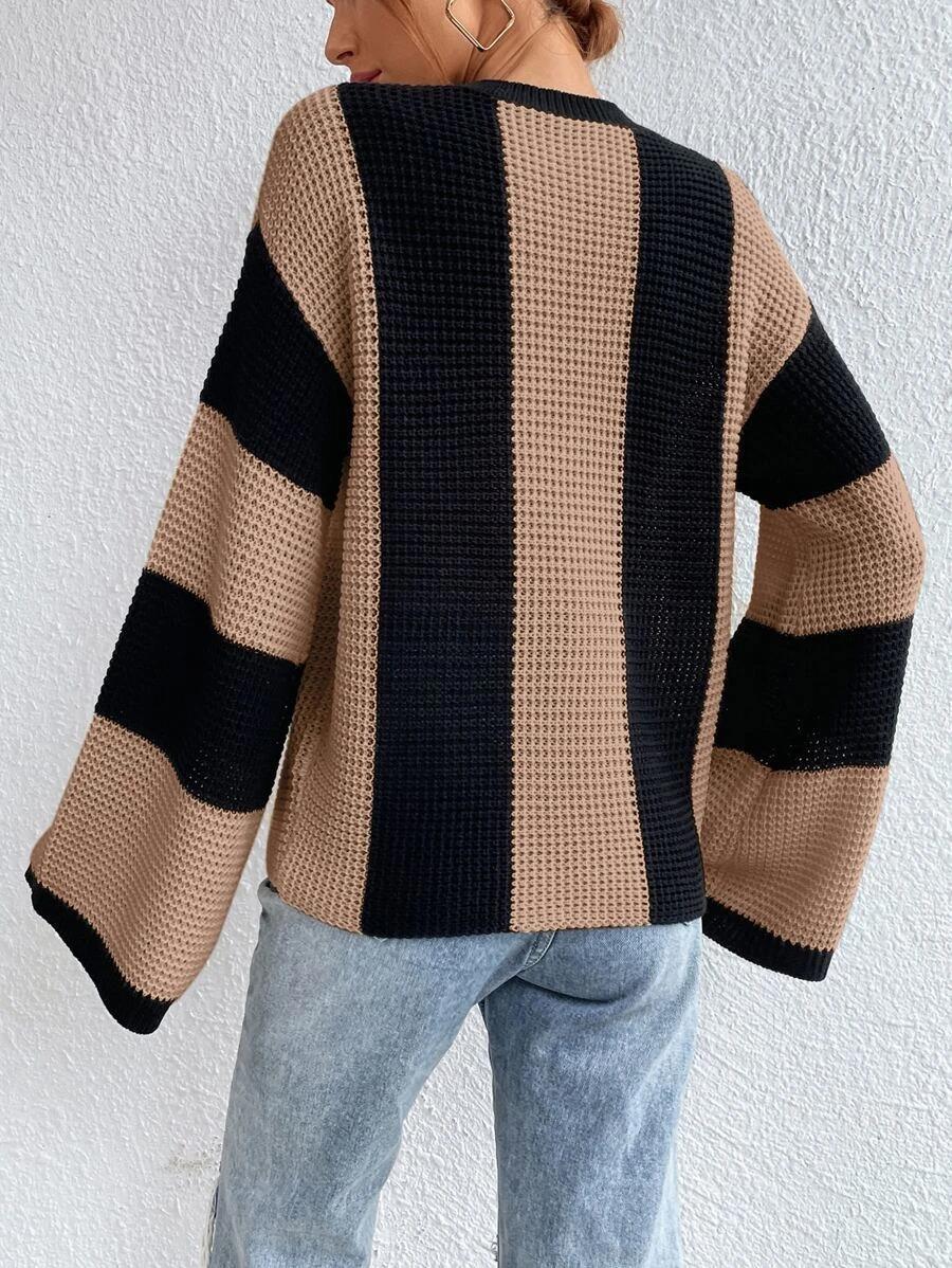 Striped Knit Sweater Women Crew Neck Pullover