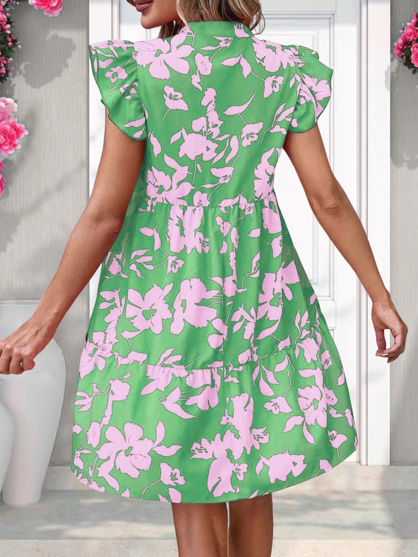 Women's Ruffle Sleeve V-Neck Printed Loose Dress