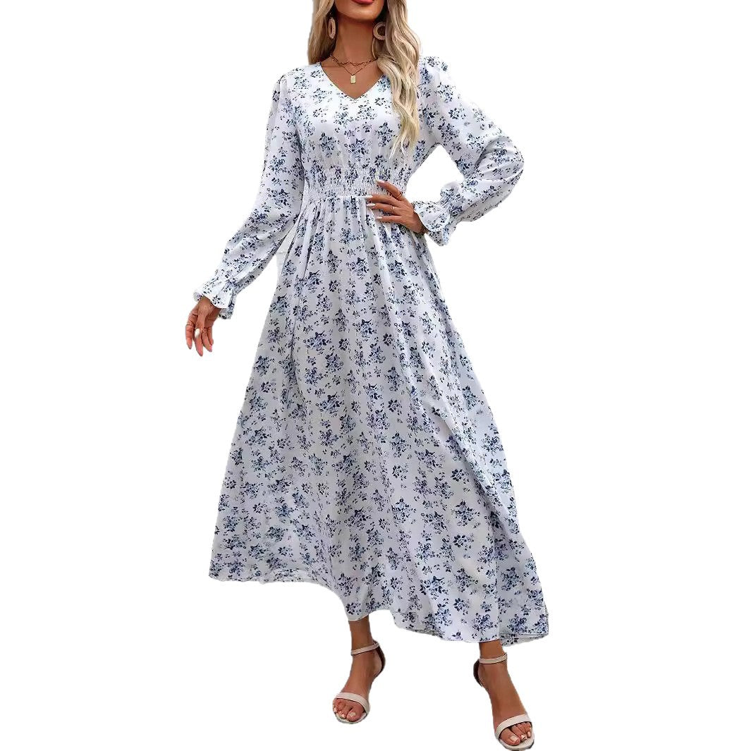 Floral Print V-Neck Long Sleeve Dress