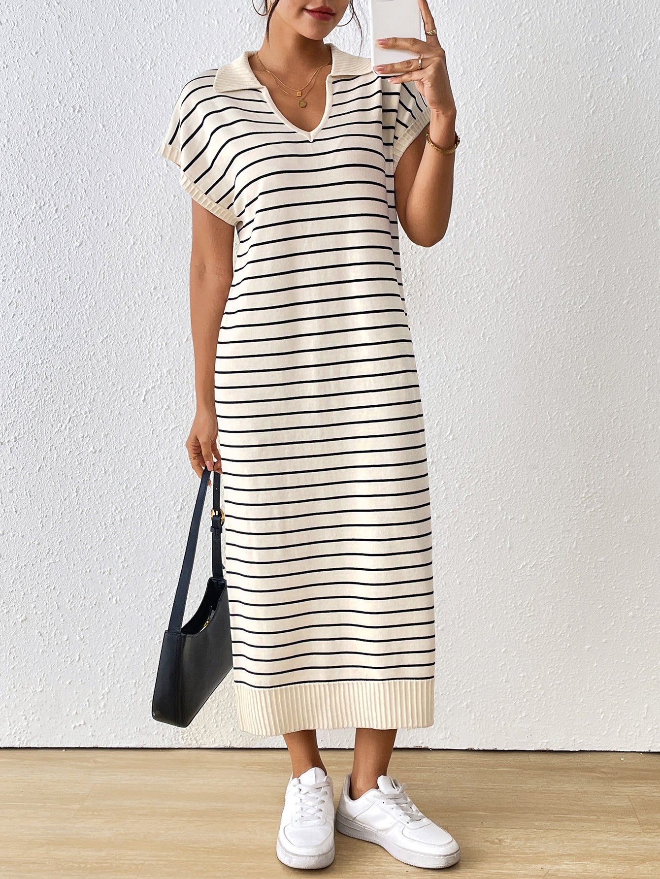 Striped V-Neck Casual Knit Dress