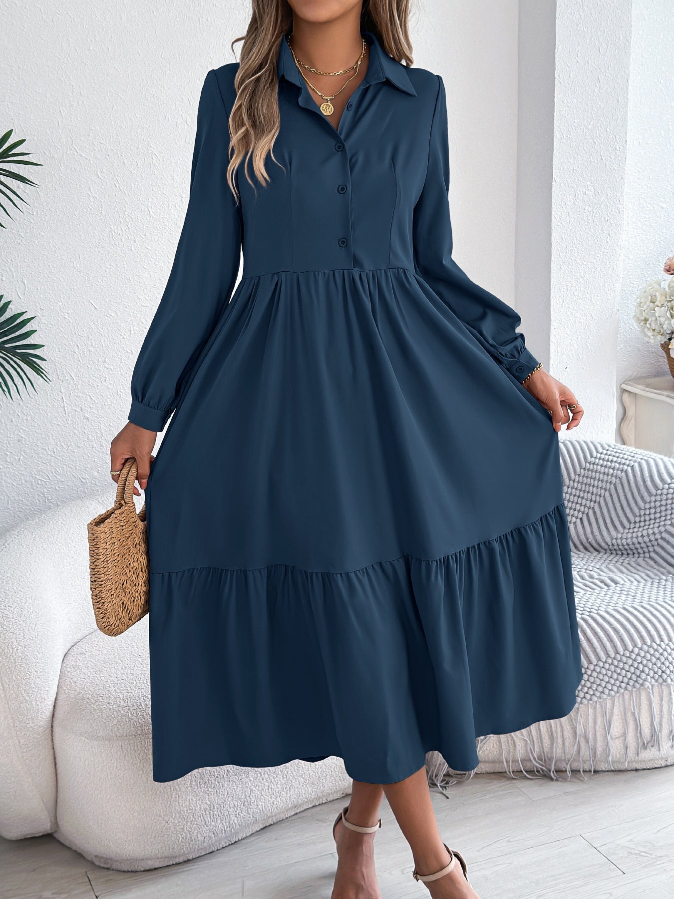 Button-Down Long Sleeve Tiered Dress