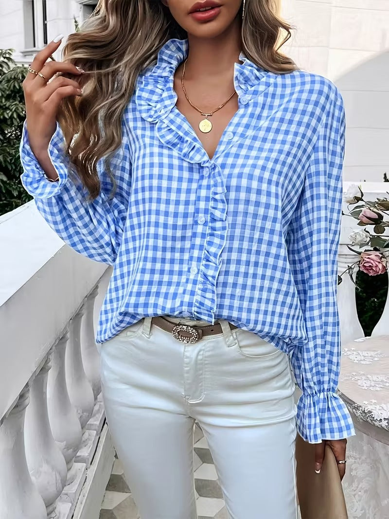 Ruffle Collar Plaid Long Sleeve Shirt