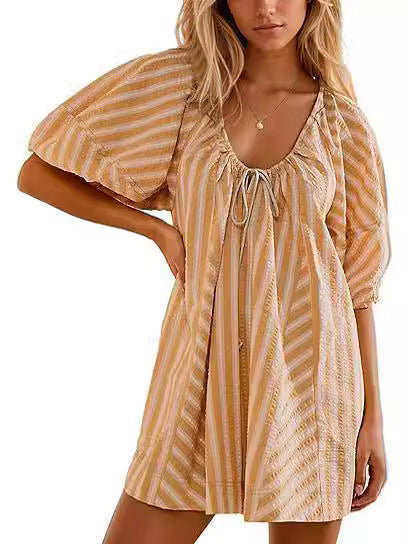 Striped Short Sleeve Deep V Wide Leg Jumpsuit