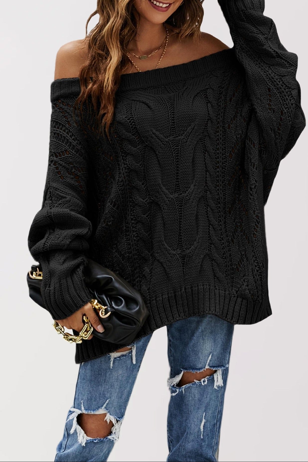 Off-Shoulder Chunky Cable Knit Sweater