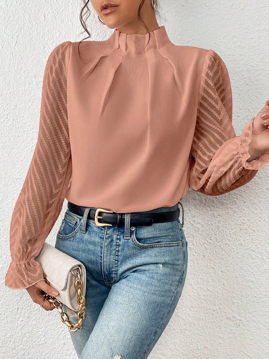 Chevron Sleeve Pleated Collar Blouse