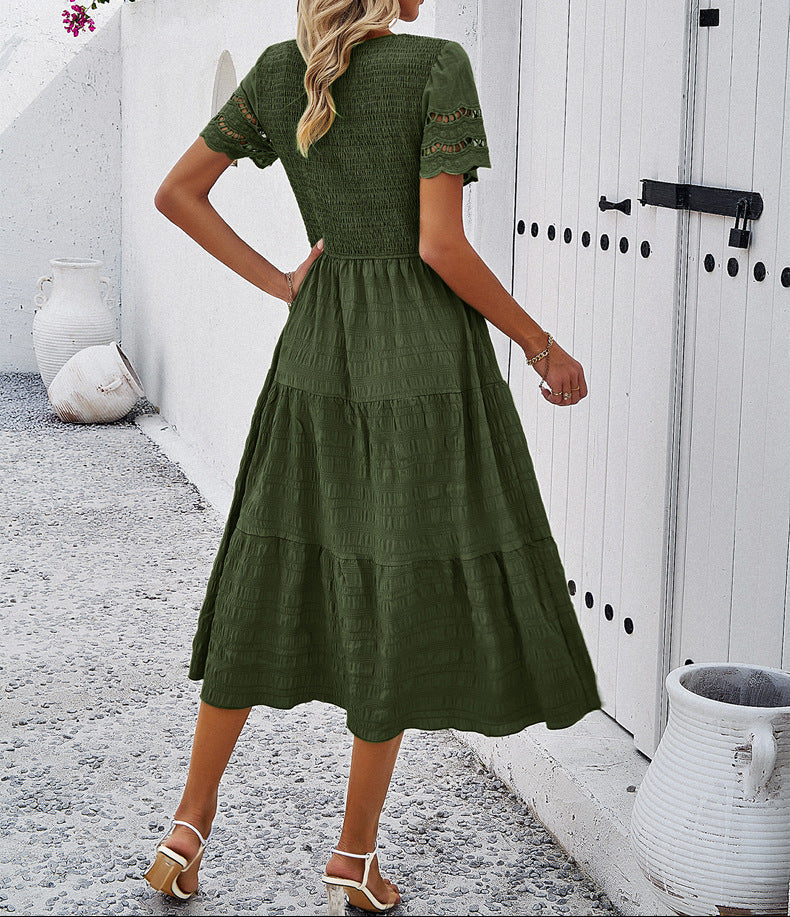 Ruched Solid Short Sleeve A Line Maxi Dress