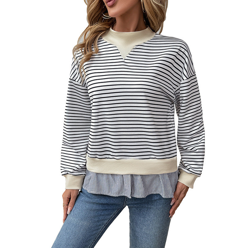 Striped Long-Sleeve Sweatshirt with Ruffled Hem