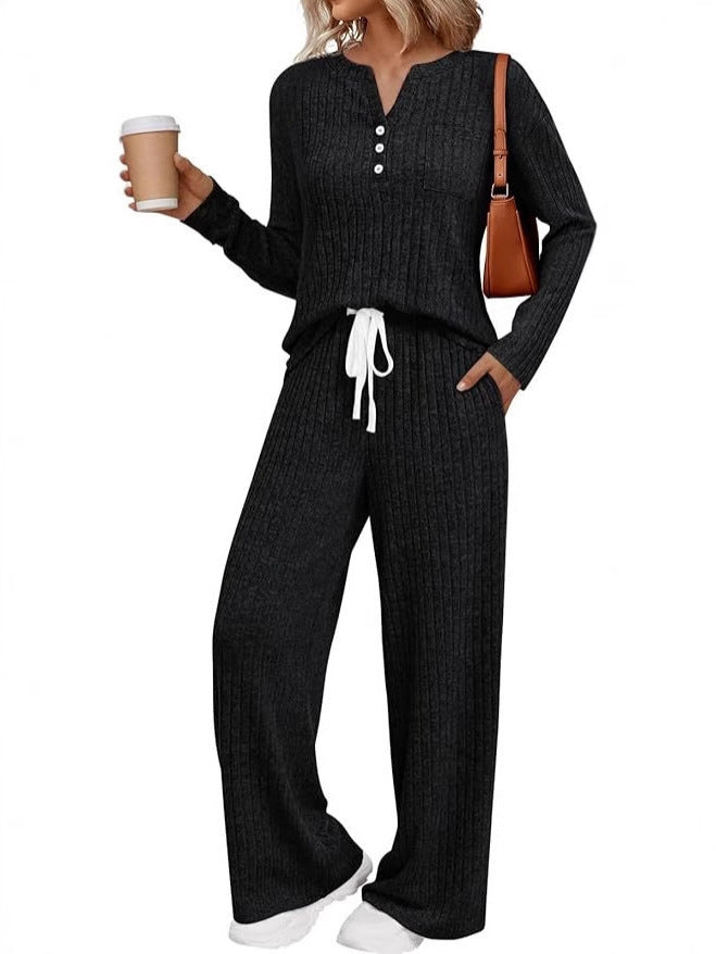 Relaxed Ribbed Brushed Knit Long Sleeve Pants Set