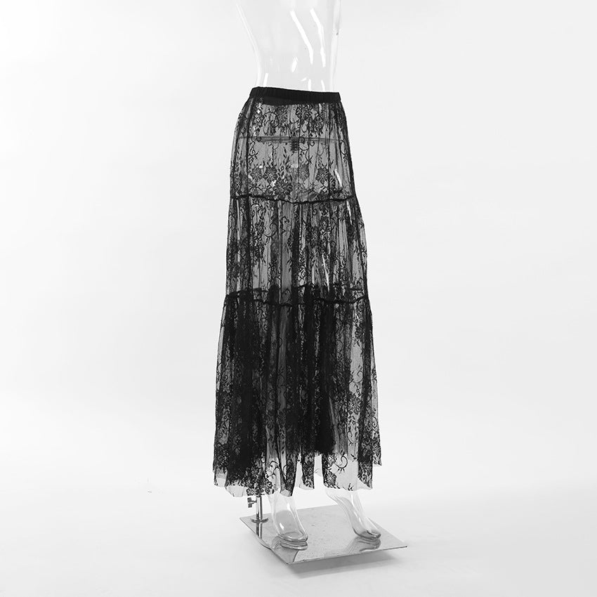 High Waist Lace Sheer Pleated Midi Skirt