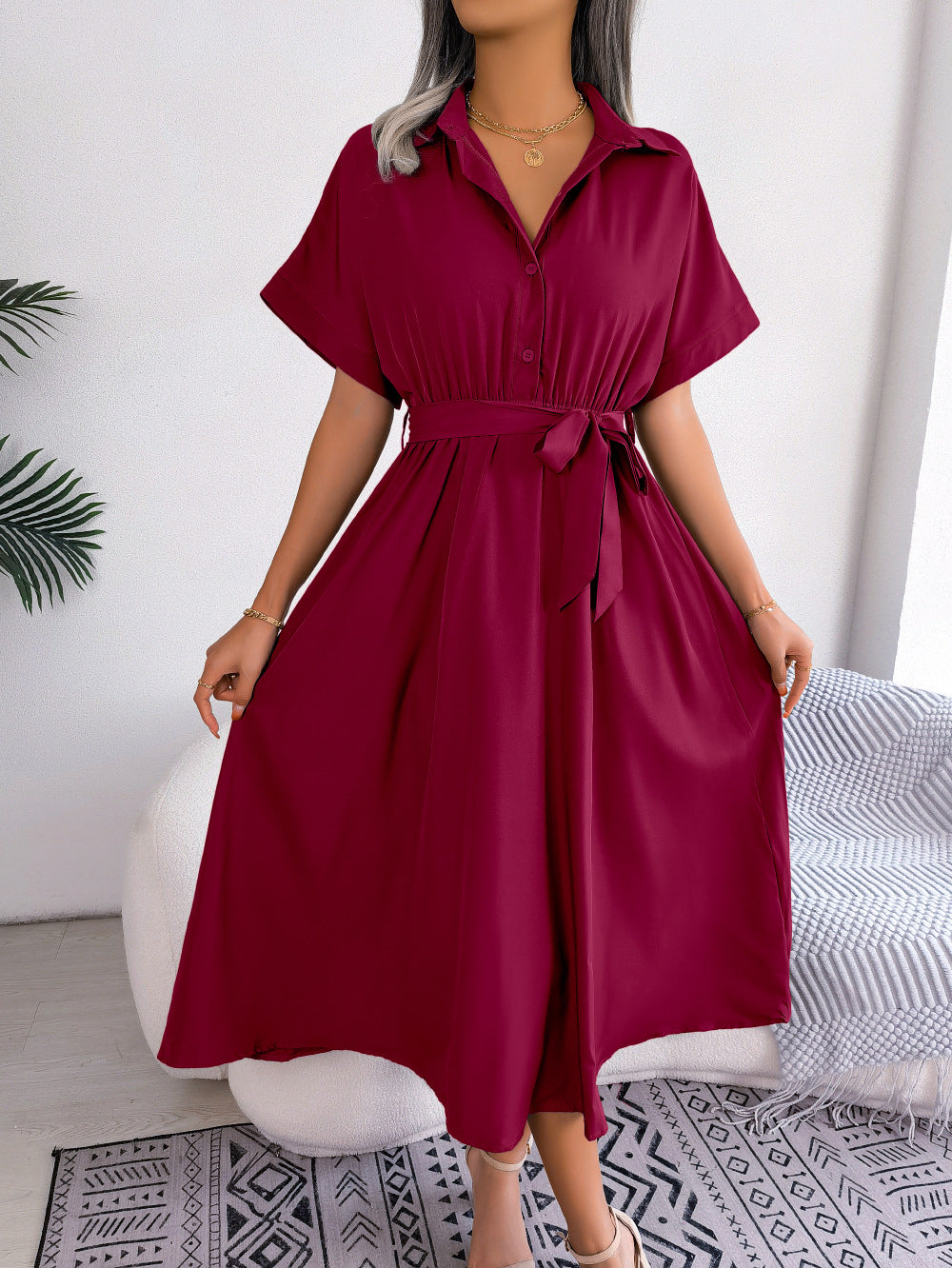 Loose Solid Tie Waist Shirt Dress