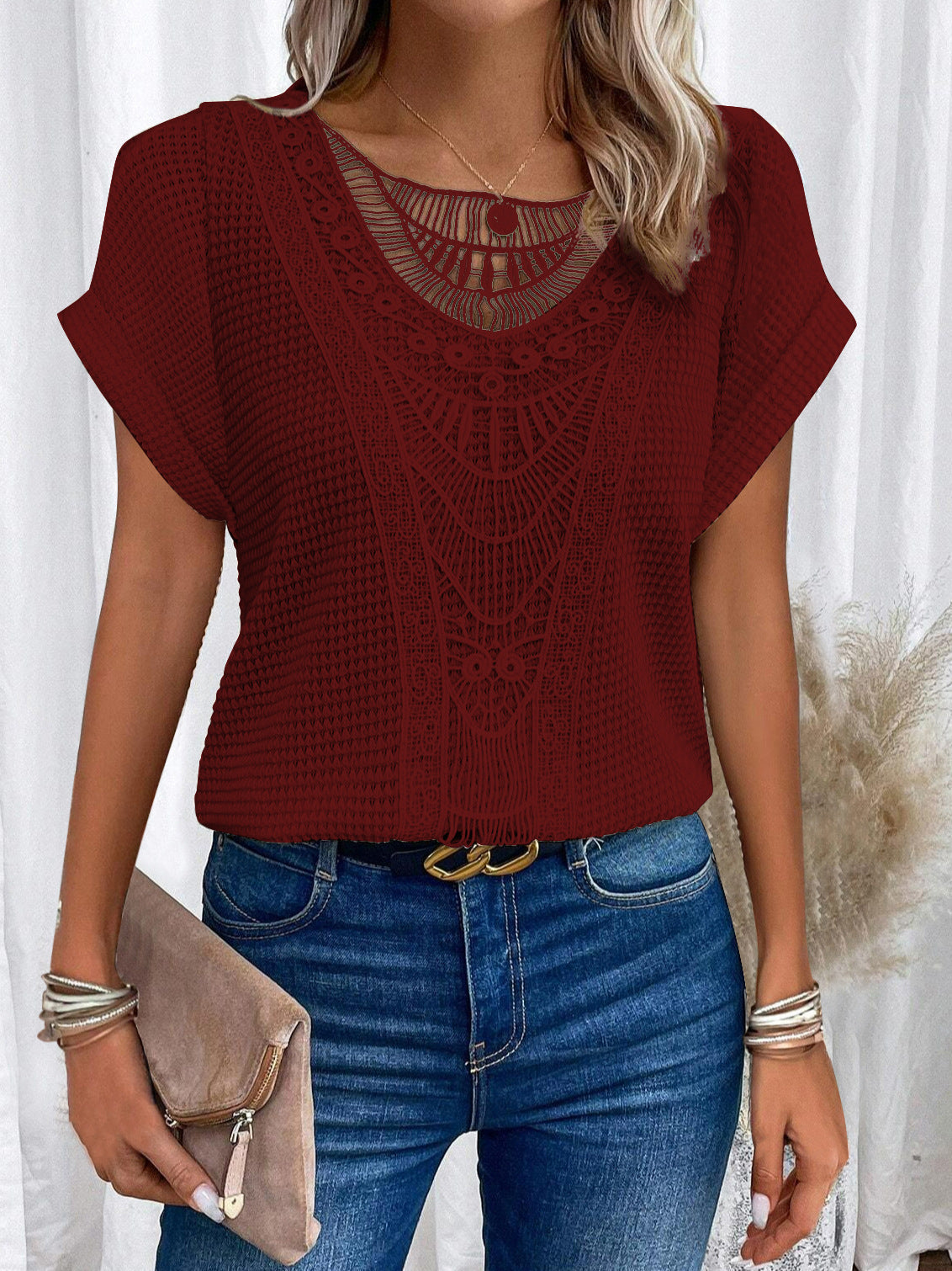 Floral Lace Trim V-neck Short Sleeve Blouse