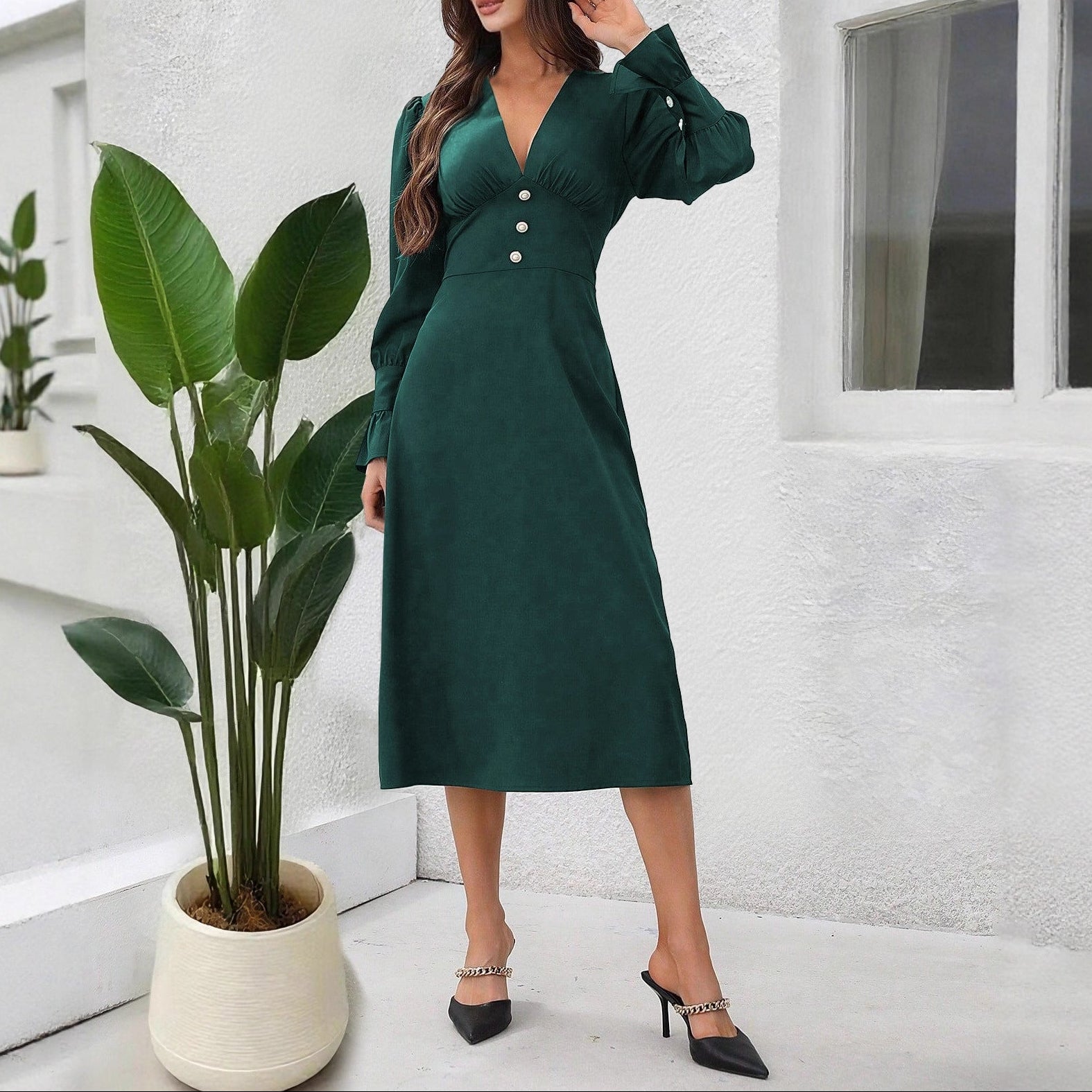 V-Neck Button Detail Long Sleeve Dress