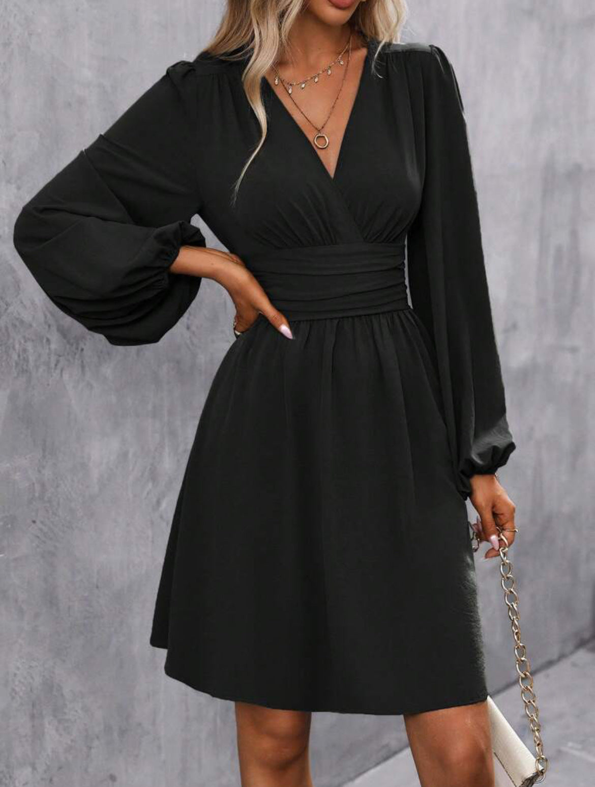 V-Neck Puff Sleeve A-Line Dress