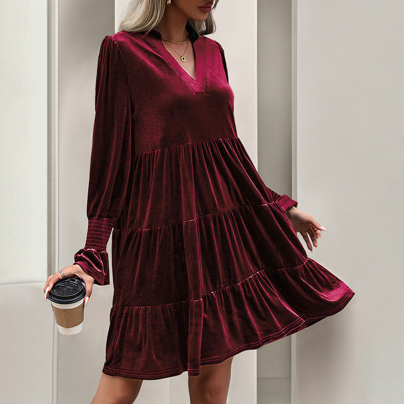 Velvet V-Neck Tiered Dress with Long Sleeves