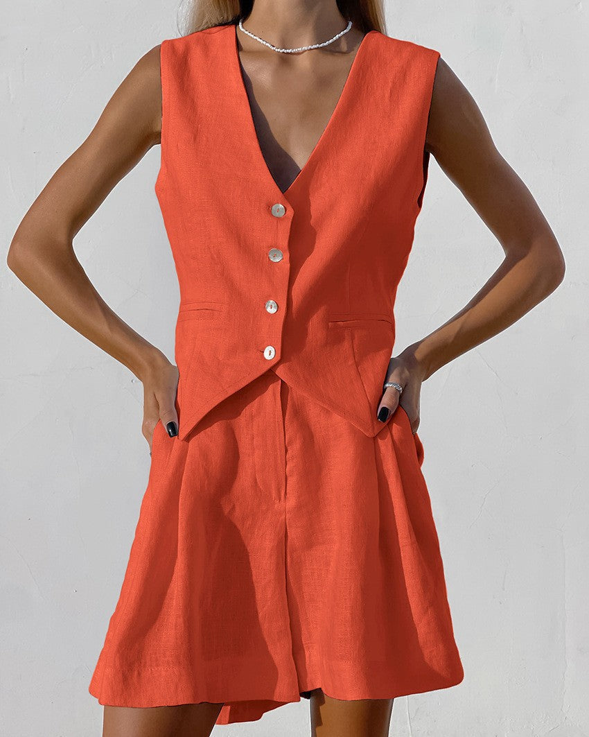 Cotton Linen Vest and Shorts Two Piece Set Women