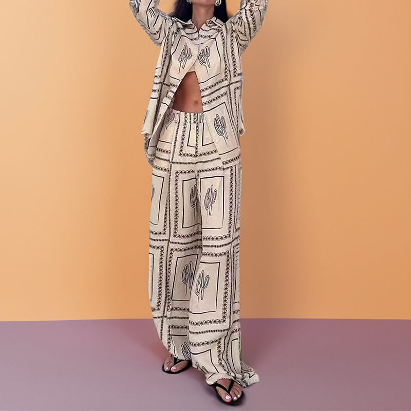 Printed Long Sleeve Shirt and Wide Leg Pants Set