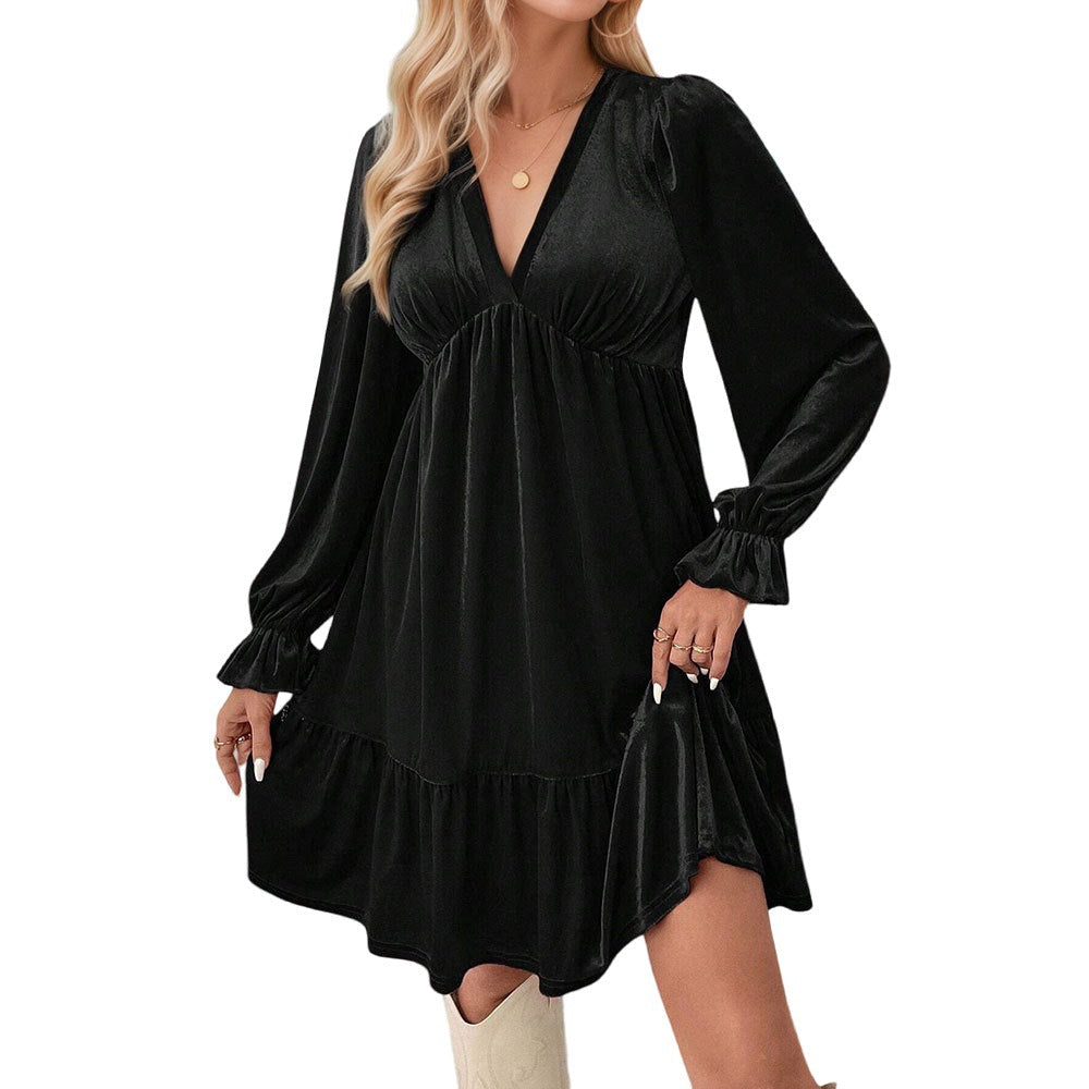 Black Velvet V-Neck Long Sleeve Dress