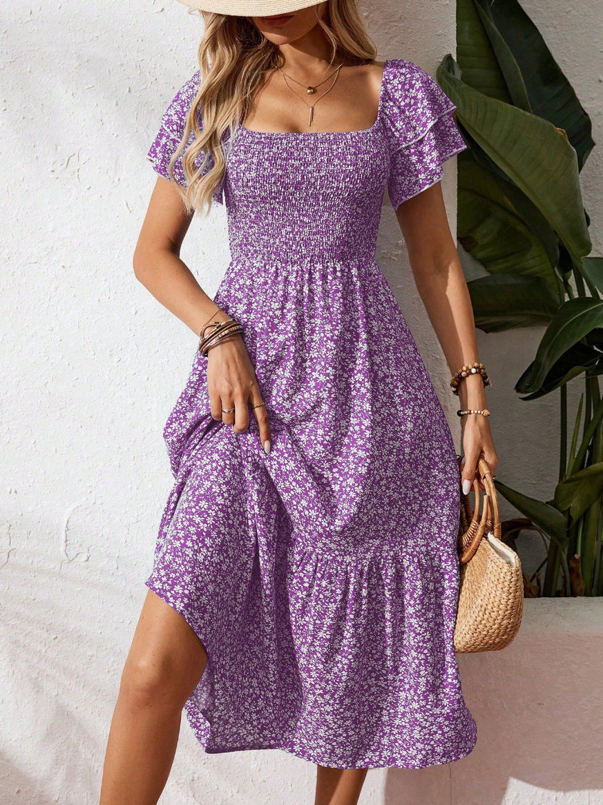 Floral Square Neck Smocked Midi Dress Women