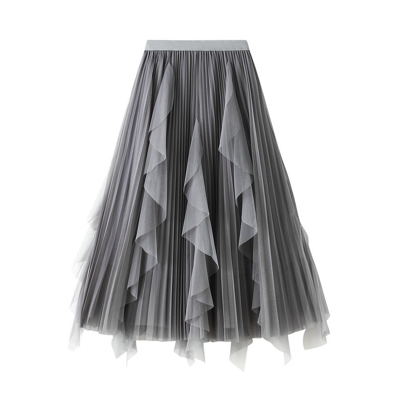 High Waist Ruffle Mesh Pleated Midi Skirt