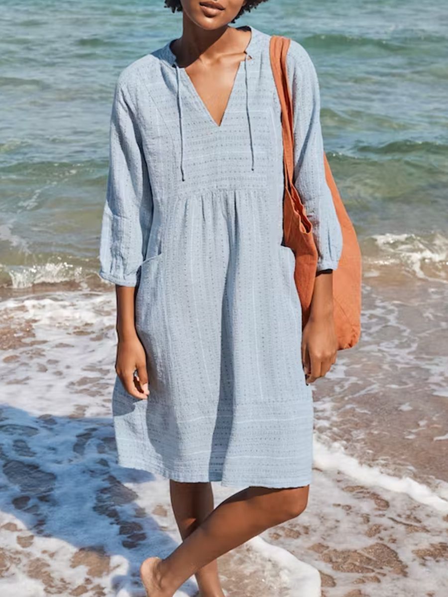 Jacquard V-Neck Linen Blend Dress