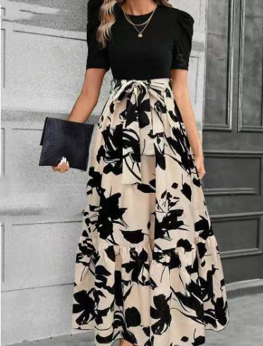 Black and White Floral Print Dress with Belted Waist