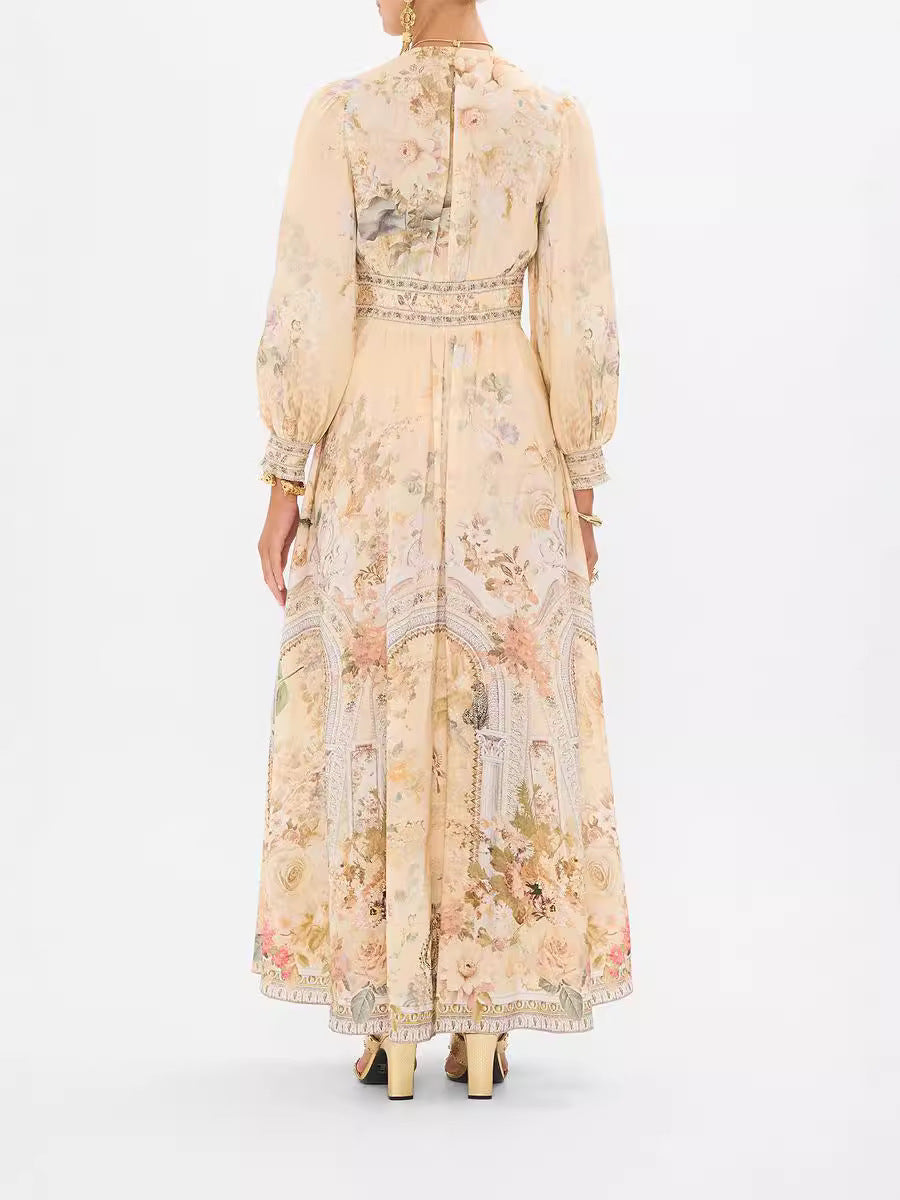 Printed V-Neck Long Sleeve Chiffon Dress